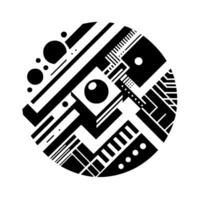 A geometric monochrome artwork comprised of a black and white circular with abstract shapes, lines, dots, and blocks, evoking modern tech and art. vector