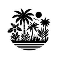 Black and white tropical island scene, a silhouette of palm trees, flora, sun, and birds, encased in a striped circle, minimalist design. vector