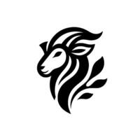 Abstract Minimalist Illustration of a RamGoat Head Profile in Black and White with Flowing Lines and Leaf Elements vector