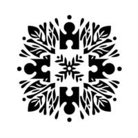 Symmetrical Black and White Illustration Featuring Puzzle Pieces, Leaves, and Dots in a Circular Pattern. vector