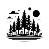 Silhouette of a serene forest scene evergreen trees on a striped land, with clouds, dots, and celestial orbs, evoking nature and simplicity. vector