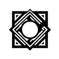 Geometric Black and White Decorative Motif, Central Circle, Starlike Square Shape, Minimalist Design, Symmetry. vector