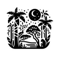 Nocturnal Jungle Silhouette Palm trees, trees, monkeys, under a crescent moon and starry night, in a layered, illustrative art style. vector