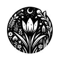 A minimalist black and white illustration of a floral ecosystem within a circle, featuring a crescent moon, flowers, and foliage. vector