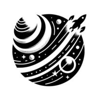 Black and White Spherical Illustration of a Rocket Launching from an Abstract Planet Amidst Stars and Celestial Bodies. vector