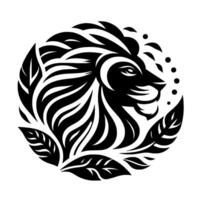 Black and White Illustration of a Majestic Lion Head, Surrounded by Stylized Foliage, Within a Circular Frame, Minimalist Design. vector