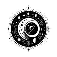 Intricate black and white celestial featuring a moon and stars in a circular, ornamental composition. vector