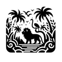 Black and white illustration depicting a majestic lion and a stork, surrounded by palm trees and lush vegetation, evoking a serene African savanna scene with flying birds. vector