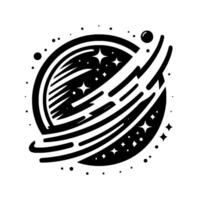 A minimalist black and white illustration of a stylized planet with orbiting lines and scattered stars and dots in a vast cosmos. vector
