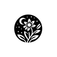 A minimalist black and white illustration inside a circle, featuring a stylized flower with a crescent moon and stars, creating a peaceful, serene design. vector
