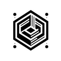 A stark, geometric composition featuring a black, hexagonal, layered structure with a central cubic design, contrasted against a white backdrop with scattered black dots. vector