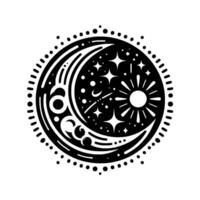 Celestial YinYang Black and White Illustration of Moon, Stars, and Sun in a Circular, Cosmic Symbol vector