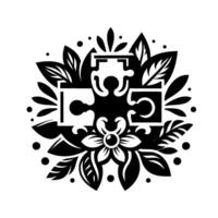 Elegant black and white illustration featuring interlocking puzzle pieces surrounded by intricate floral elements, symbolizing unity and problemsolving. vector