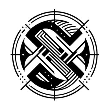 Geometric Black and White Circular Abstract with Interlocking Shapes, Lines, Dots, and Shadow Effects. vector