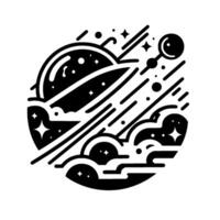 Black and white minimalist spacethemed illustration of a planet, shooting stars, clouds, and celestial bodies within a circular frame, evoking a sense of wonder and simplicity. vector