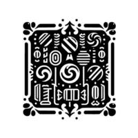 Intricate Black and White Candy Art A Symmetrical Square Composition Featuring Lollipop and Sweet Treats with Ornamental Border Design. vector