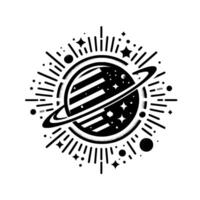 Abstract stylized illustration of a planet with stripes, stars, and rings, surrounded by a radiant burst of lines and dots, in monochrome. vector