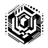 Geometric Hexagon Composition A black and white of layered, abstract shapes, lines, and dots, creating an architectural illusion. vector