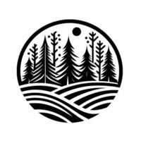 Minimalist black and white circular emblem featuring stylized coniferous trees, rolling hills, and a moon, capturing a serene, natural landscape. vector