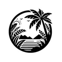 A circular black and white minimalist illustration of a tropical scene featuring a palm tree, mountains, a sunset, and a body of water within a frame. vector