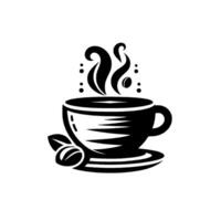 Stylized Black and White Coffee Cup with Steam, Saucer, Coffee Bean, and Leaf on a White Circular Background. vector