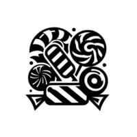 A bold monochromatic composition featuring an assortment of candies lollipops, candy canes, and wrapped sweets, all rendered in a striking black and white style. vector