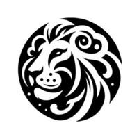 Intricate Black and White Lion Head within a Circle, Featuring Ornamental Patterns and a Majestic Expression vector