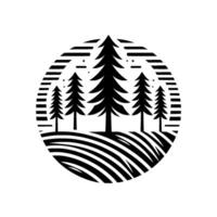 Stylized black and white nature scene within a circle. Features pine trees, layered ground, and minimalist design, evoking simplicity. vector