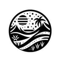 Monochrome, circular minimalist illustration of a tropical landscape featuring mountains, a striped sun, palm tree, and vegetation. vector