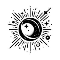 Celestial Black and White Illustration Crescent Moon, Stars, and Bursting Radiance, Emblem of Night vector