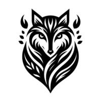 A stylized black and white illustration of a symmetrical wolfs head with intricate patterns, leaves, and pointed ears, evoking a modern tribal aesthetic. vector