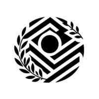 Geometric Black White Emblem with Circle, Laurel Wreath, and Zigzag Pattern on White Background vector