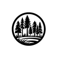 Silhouette of Pine Trees and Grass in a Circular Frame, Minimalist Forest Scene, Black and White, Nature Inspired, Isolated. vector