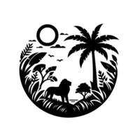 Silhouette of a majestic lion in an African savanna landscape, enclosed in a circular frame with a palm tree, sun, and other foliage. vector