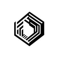 Geometric black and white hexagon featuring layered lines, creating an optical illusion of depth and interconnectedness. vector