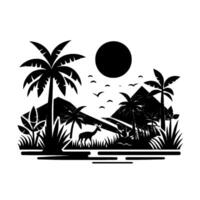 Silhouette of a tropical landscape featuring a deer, palm trees, mountains, a sun, and birds in flight, all rendered in a monochrome style. vector