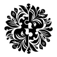 Symmetrical Black and White Floral Pattern in a Circular Design, Evoking Art Nouveau and Medieval Ornamentation, Set Against White Background. vector