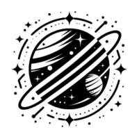 Stylized Black and White Illustration of a Saturnlike Planet with Rings, Asteroid Belt and a Moon, surrounded by Stars. vector