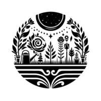 Circular Monochrome Garden Illustration Watering can, plants, flowers, stars, and a stylized night sky, harmoniously arranged in a symmetrical design. vector