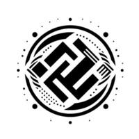 Geometric Black and White Circular Composition Featuring a Central Symbolic Glyph Surrounded by Decorative Lines and Dots on a Clean White Background. vector