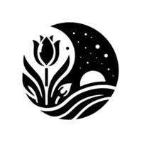 A minimalist, stylized black and white illustration depicting a tulip garden under a crescent moon and starry sky, with a serene and balanced composition. vector