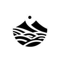 Stylized Black and White Landscape Mountains, Waves, and Sun, Minimalist in a Circular Composition. vector