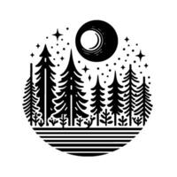 Stylized Monochrome Forest Scene with Crescent Moon, Stars, and Striped Ground within a Circle, Flat Illustration. vector