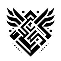 Geometric Black and White Design Abstract, Symmetrical, Winged Symbol, Featuring Dot Accents and Angular Forms vector