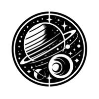 A celestial black and white illustration within a circular frame, featuring planets with rings and stars, hinting at space and the cosmos, in a minimalist style. vector