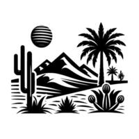 Minimalist black and white desert landscape featuring a striped sun, mountains, cacti, palm trees, and other desert flora in a flat, style. vector
