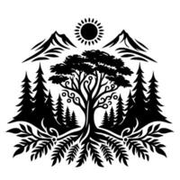 Symbolic Silhouette Serene depiction of a central tree with intricate branches and roots, framed by mountains, sun, and forests in stylized monochromatic design. vector