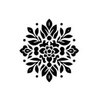 Symmetrical Black Floral Mandala with Leaves, Petals, and Dots, Set Against a Clean White Background. vector