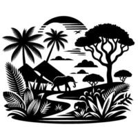 Silhouetted African Savannah Scene Depicting Elephants, Palm Trees, Diverse Flora Under a Stylized Sunset in Monochrome. vector