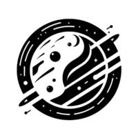 Yin Yang Planet in Space A stylized black and white illustration featuring celestial elements, encompassing balance and cosmic harmony. vector